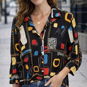 Ali Miles Petite XL Abstract Art Print Button Front Blouse/Top Rayon Blend